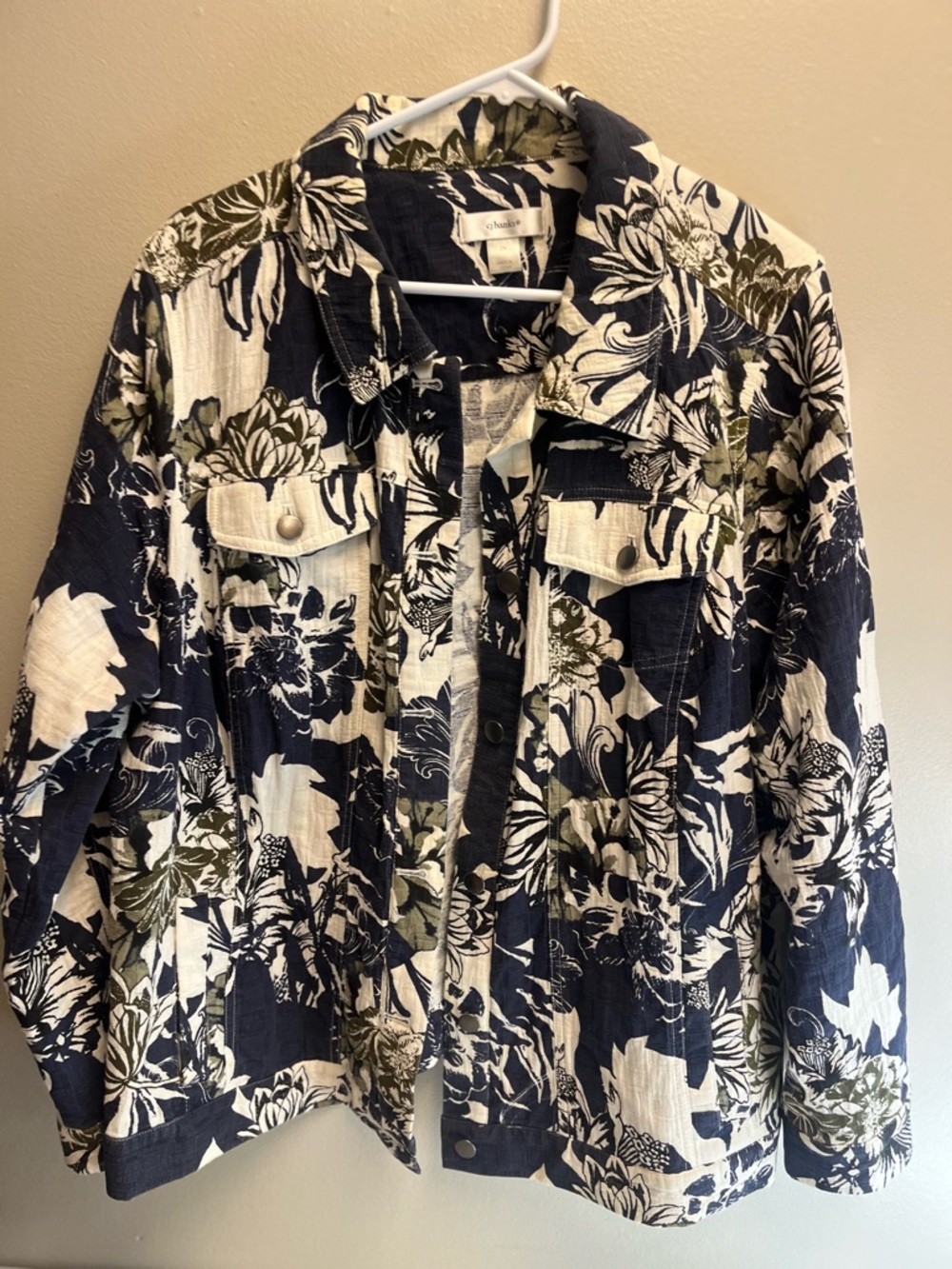 CJ Banks Navy, Cream & Olive Floral Jean Jacket